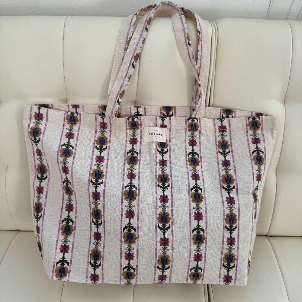 Sézane limited edition floral striped tote bag, magenta navy green yellow, NWOT